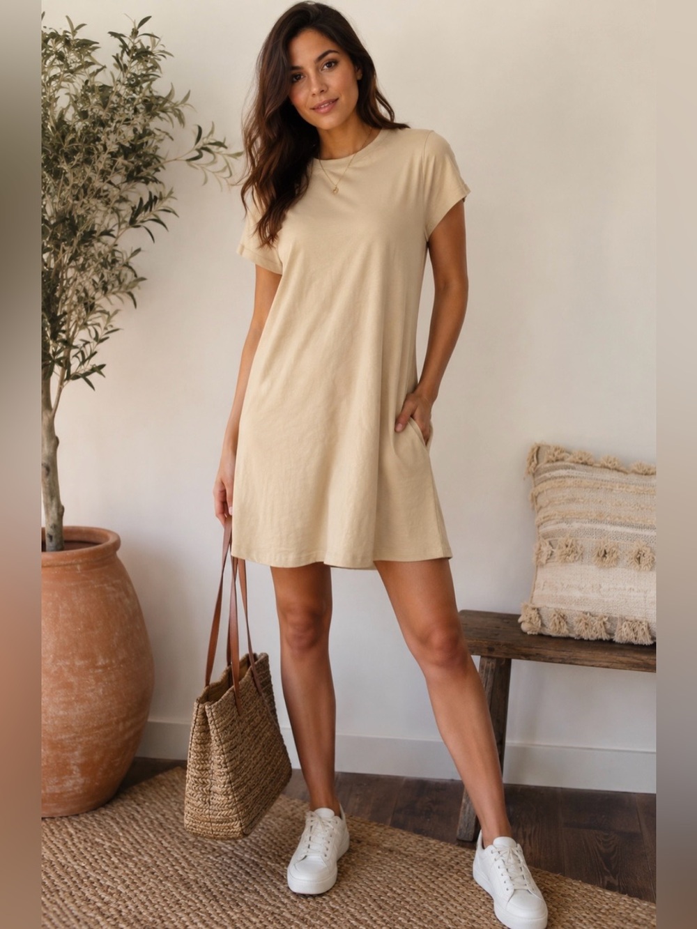 Uniqlo Women's Short Sleeve Tunic Dress - Light Beige size L